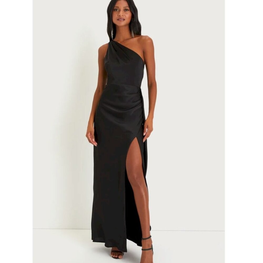 Lulus Signature Elegance Black Satin One-Shoulder Maxi Dress Size Large New NWT - Picture 3 of 13